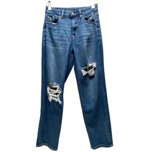 American Eagle Mom Straight Jeans Women's Size 4 Blue AEO Stretch Distressed GUC